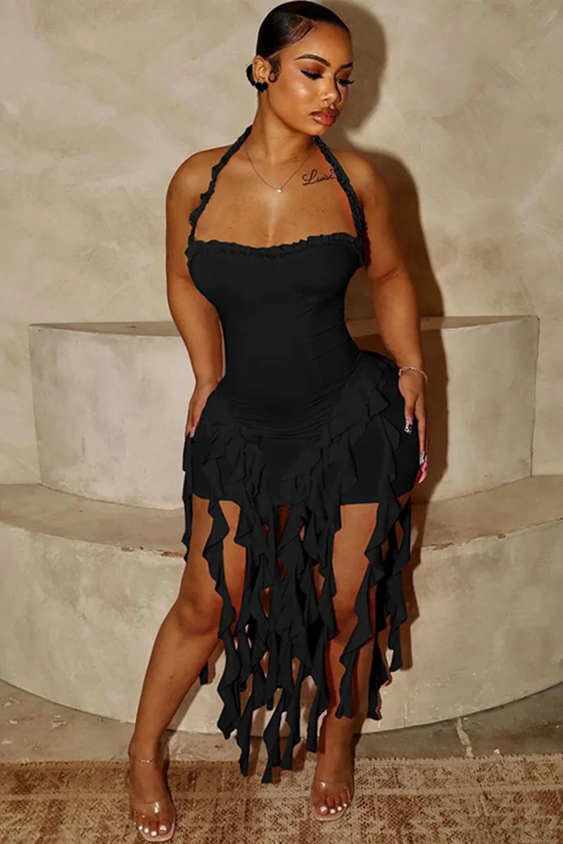 Halter Neck Sleeveless Backless Tassel Irregular Bodycon Dress