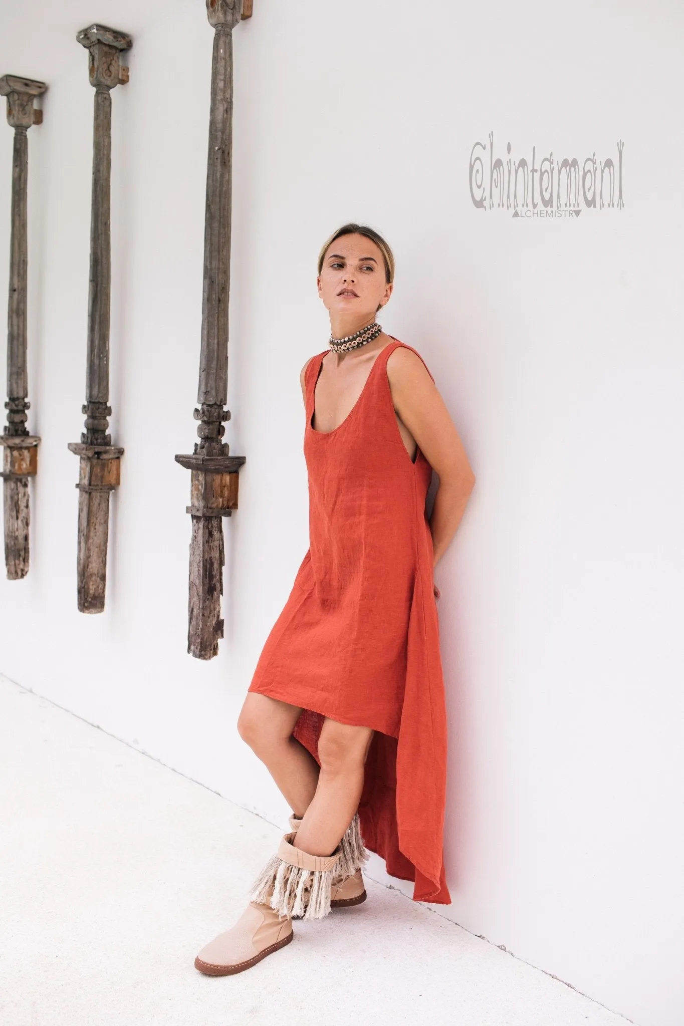 High Low Linen Maxi Dress with Open Back / Red Ochre