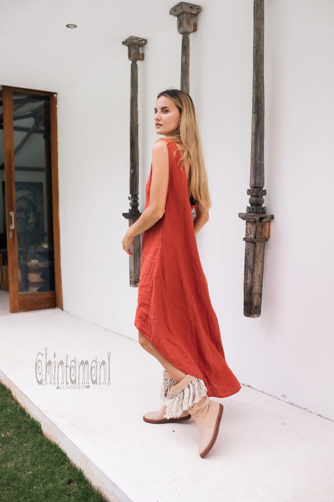 High Low Linen Maxi Dress with Open Back / Red Ochre