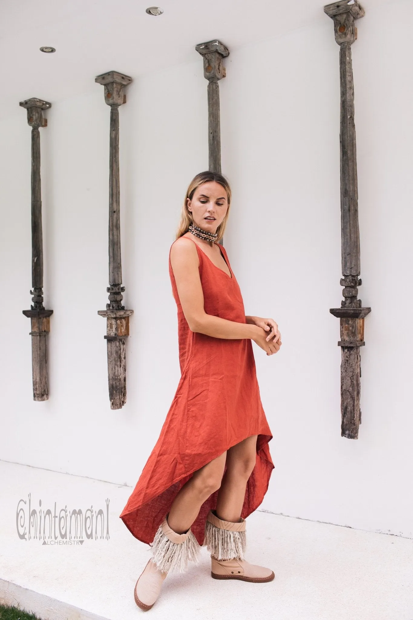 High Low Linen Maxi Dress with Open Back / Red Ochre