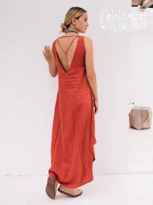 High Low Linen Maxi Dress with Open Back / Red Ochre