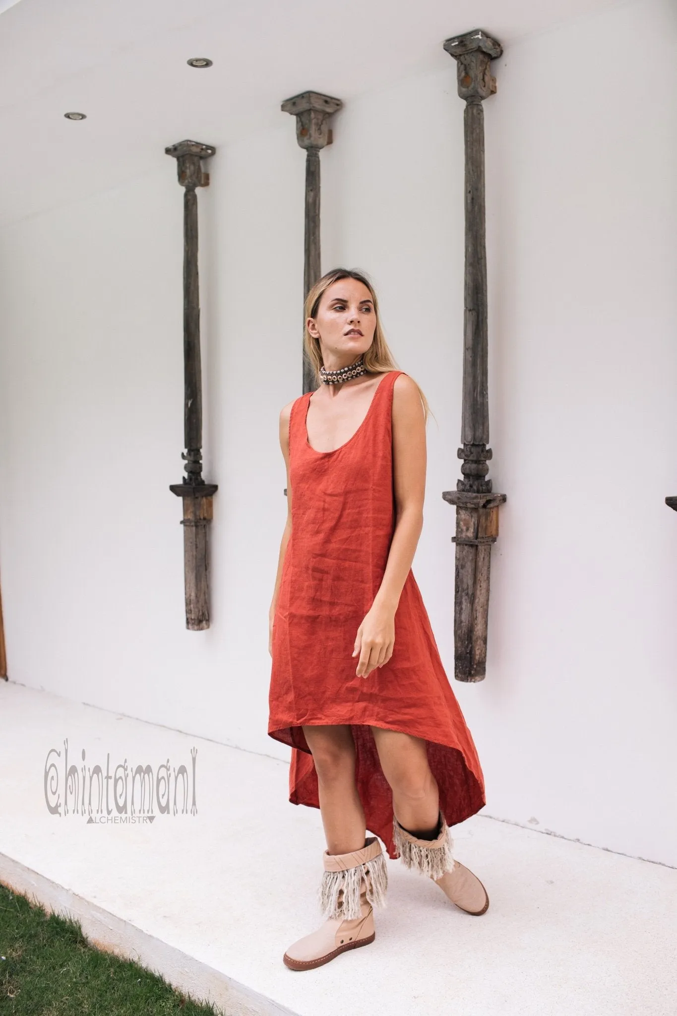 High Low Linen Maxi Dress with Open Back / Red Ochre