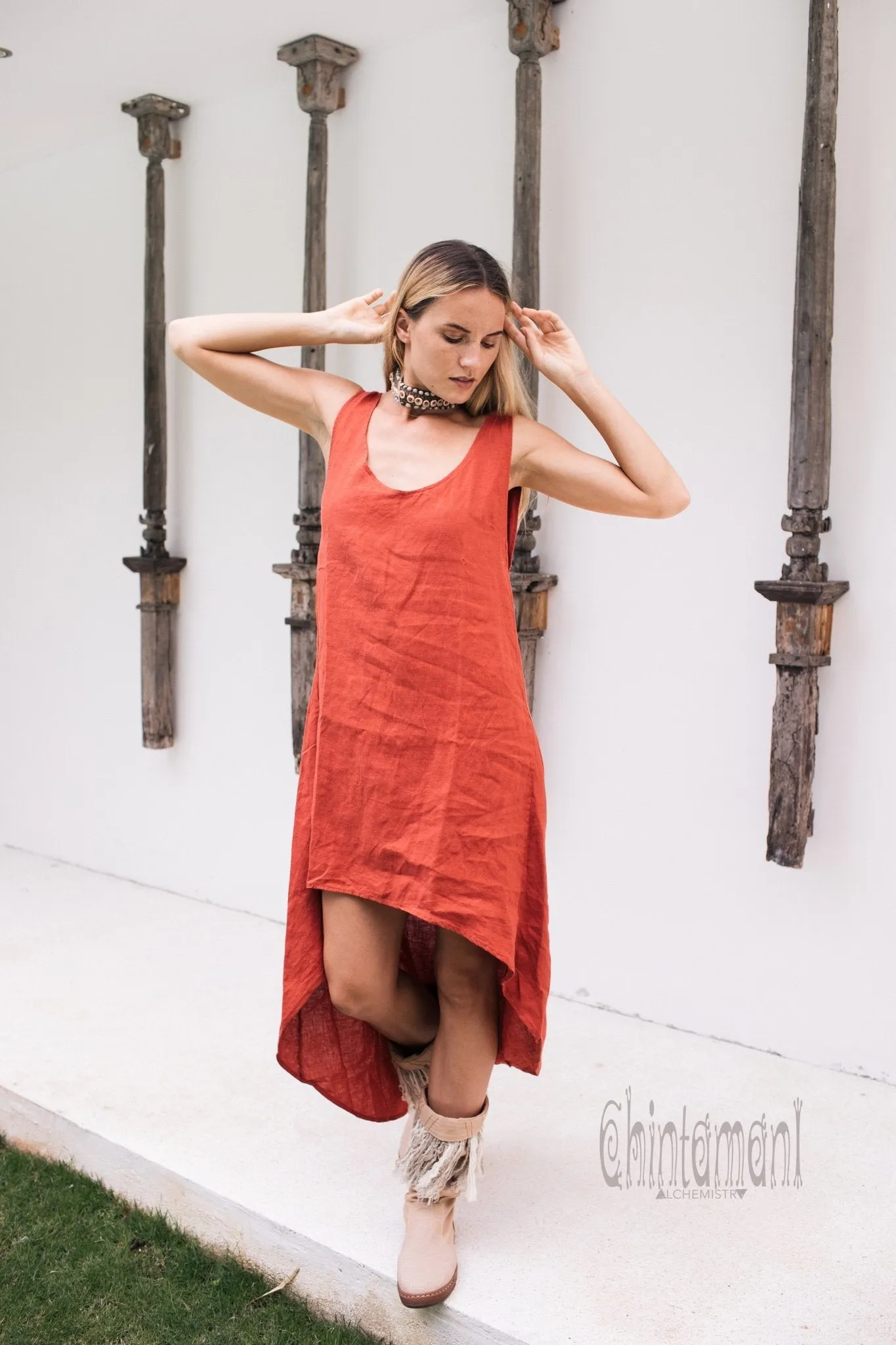 High Low Linen Maxi Dress with Open Back / Red Ochre