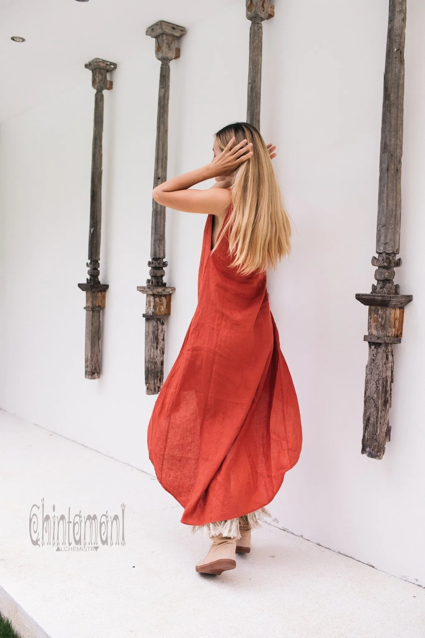 High Low Linen Maxi Dress with Open Back / Red Ochre