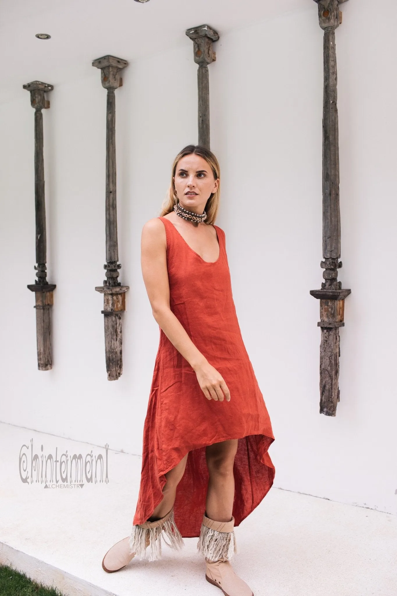 High Low Linen Maxi Dress with Open Back / Red Ochre
