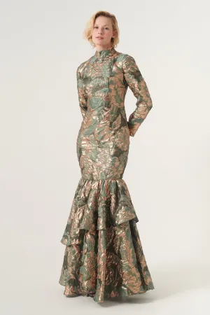 High neckline dramatic drop hem detail long sleeve gown