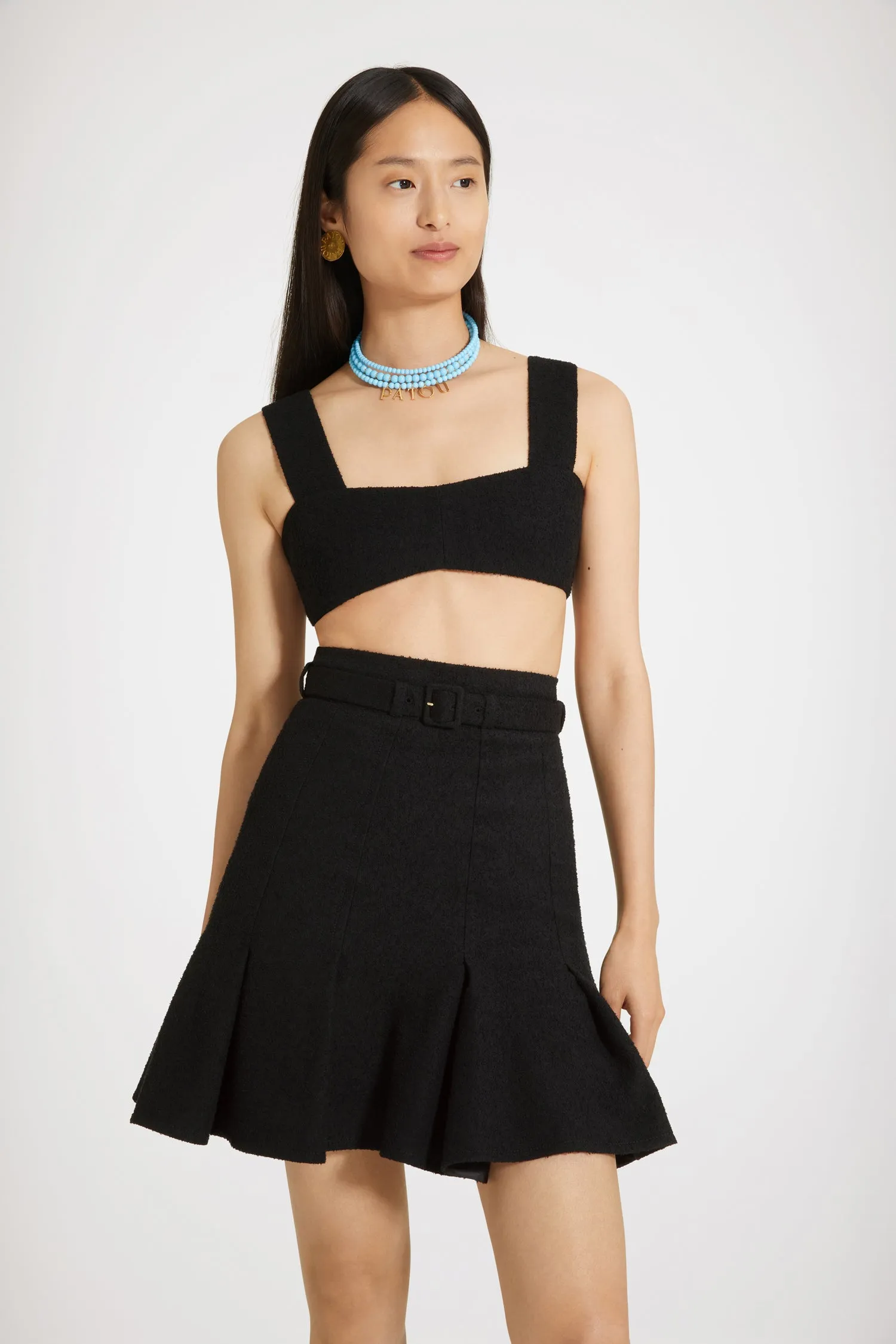 High-waisted pleated skirt in cotton-blend tweed