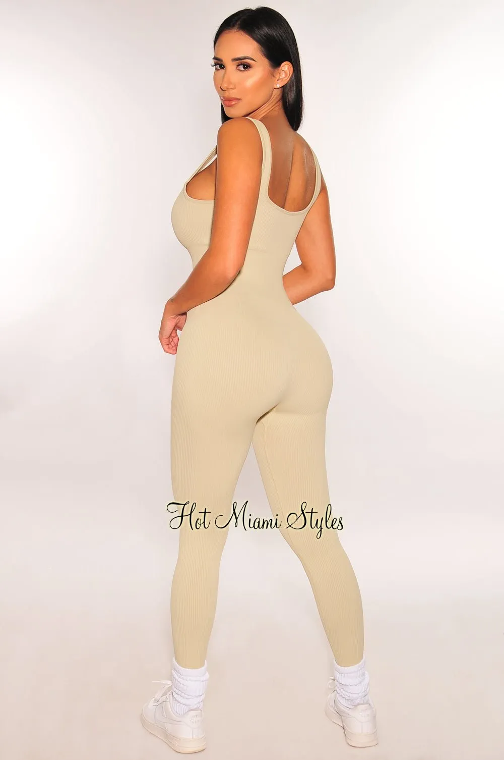 HMS Fit: Nude Seamless Ribbed Tank Padded Snatched Jumpsuit
