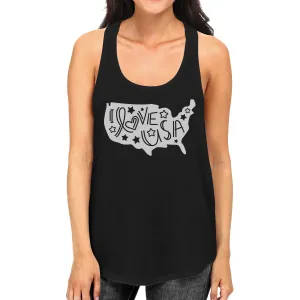 I Love USA Map Womens Black Tank Top Cute Letter Printing Design