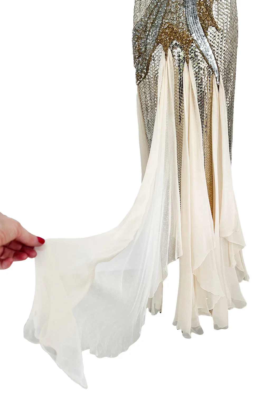 Incredible 1970s Loris Azzaro Densely Covered Gold & Silver Sequin, Bead & Silk Chiffon Dress