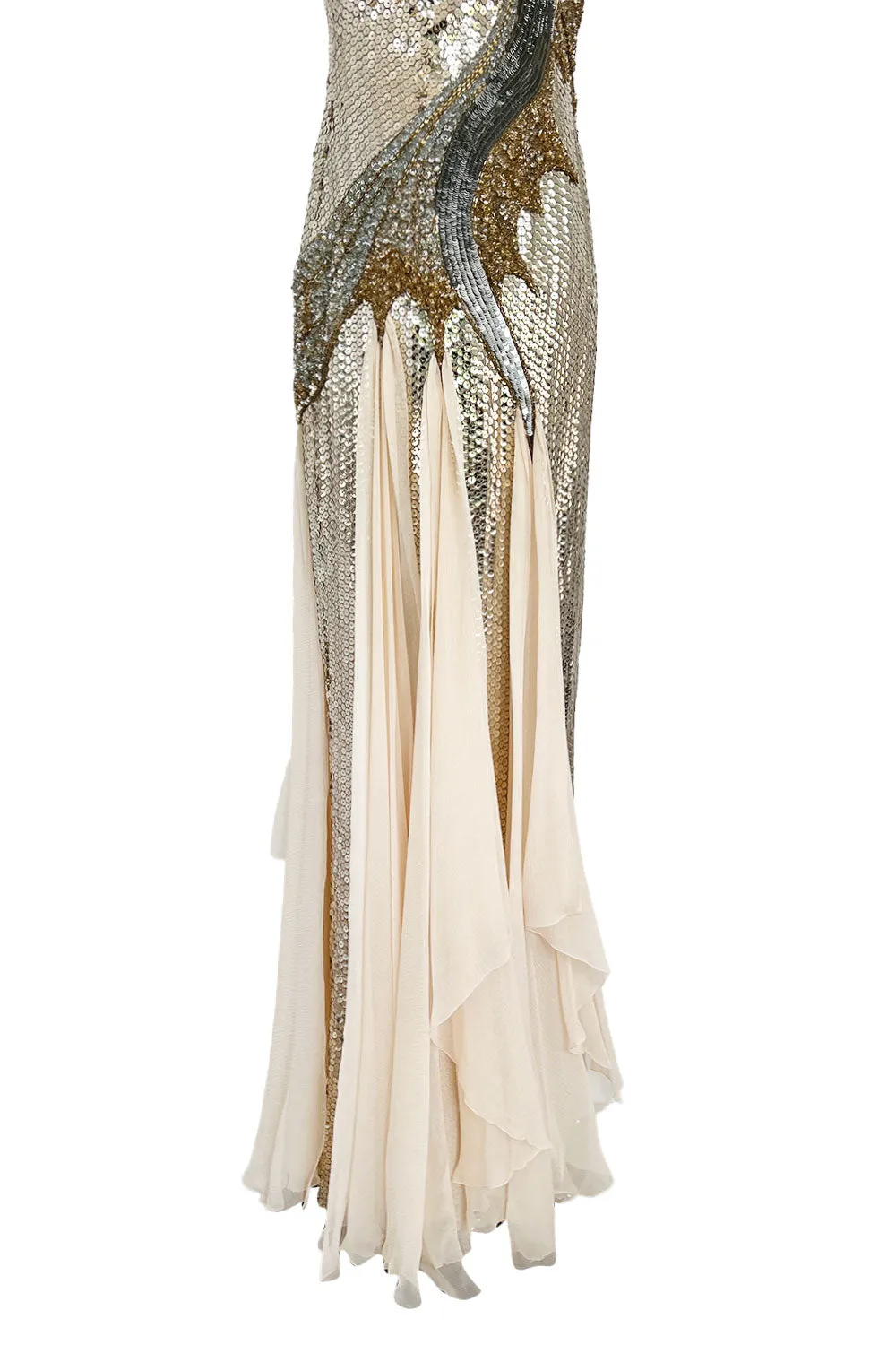 Incredible 1970s Loris Azzaro Densely Covered Gold & Silver Sequin, Bead & Silk Chiffon Dress