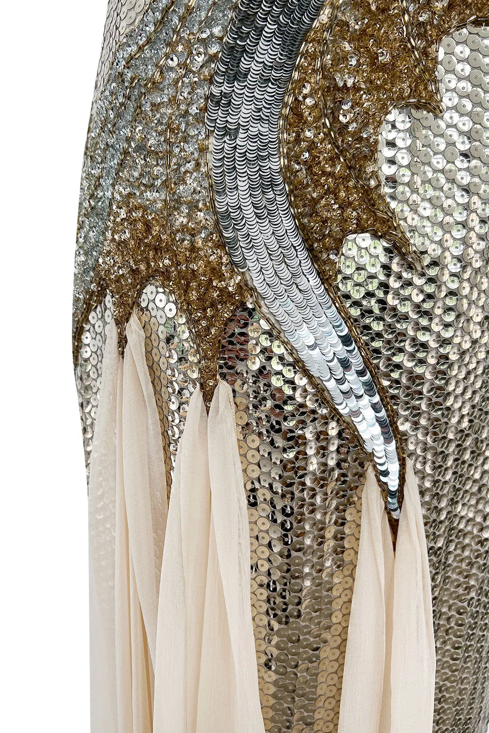 Incredible 1970s Loris Azzaro Densely Covered Gold & Silver Sequin, Bead & Silk Chiffon Dress