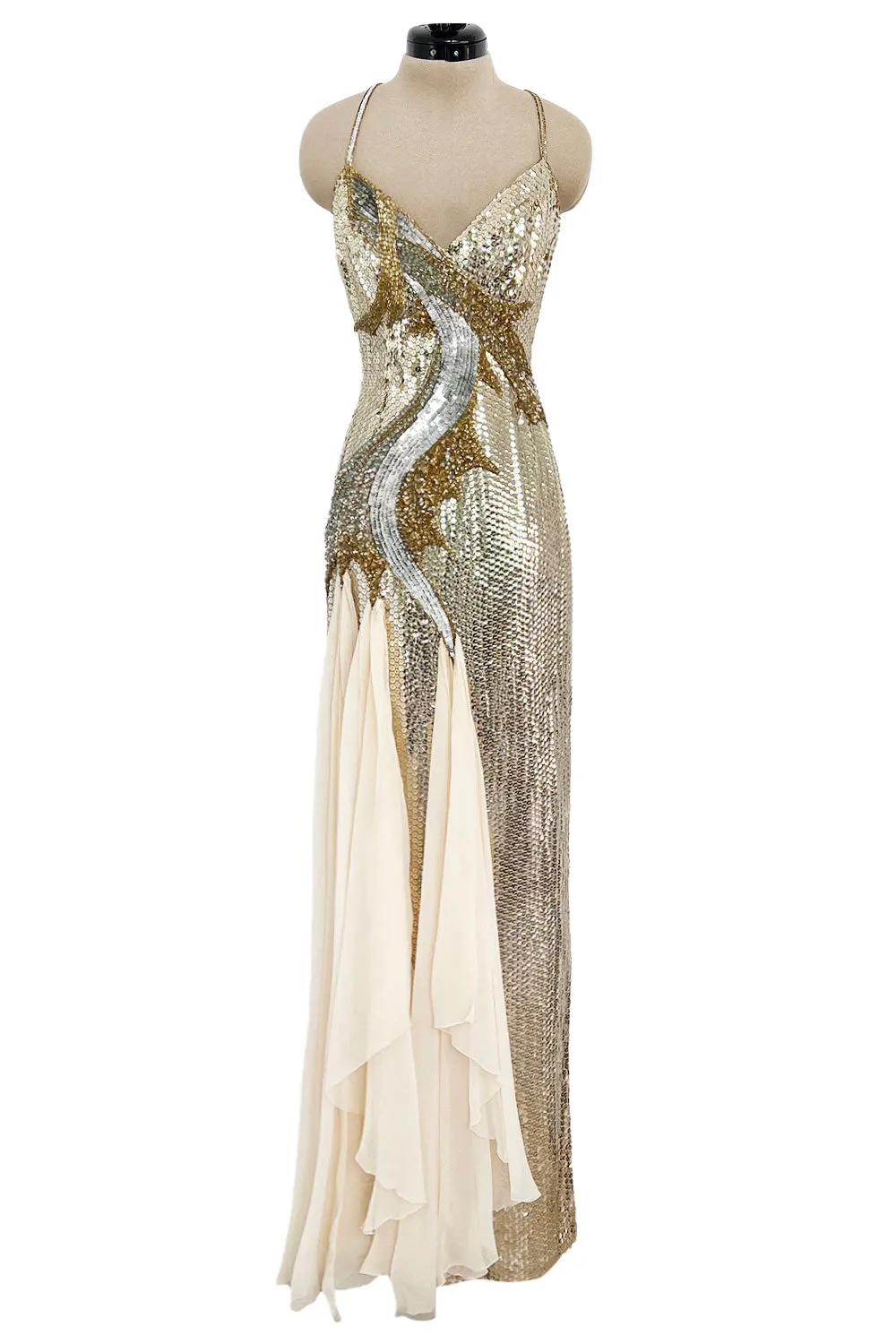Incredible 1970s Loris Azzaro Densely Covered Gold & Silver Sequin, Bead & Silk Chiffon Dress