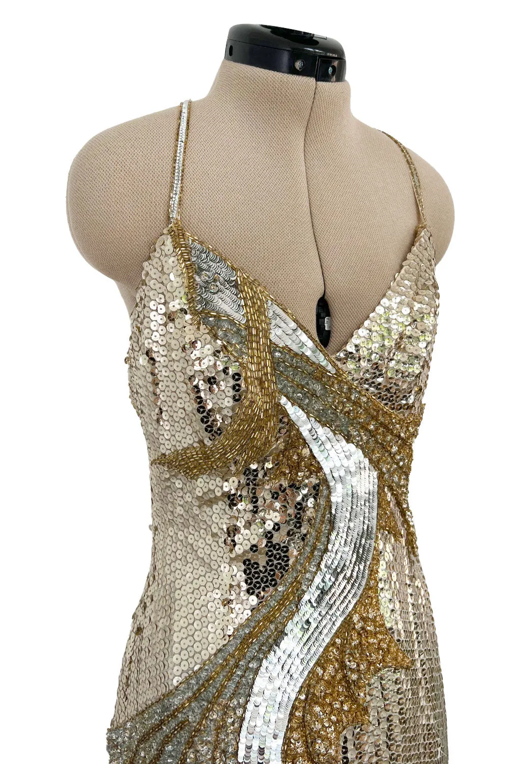 Incredible 1970s Loris Azzaro Densely Covered Gold & Silver Sequin, Bead & Silk Chiffon Dress