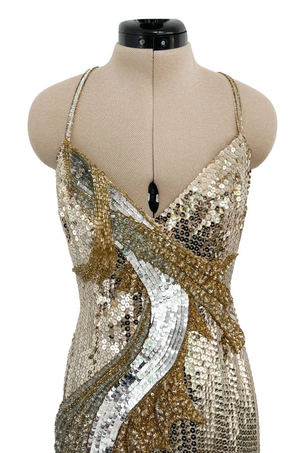 Incredible 1970s Loris Azzaro Densely Covered Gold & Silver Sequin, Bead & Silk Chiffon Dress