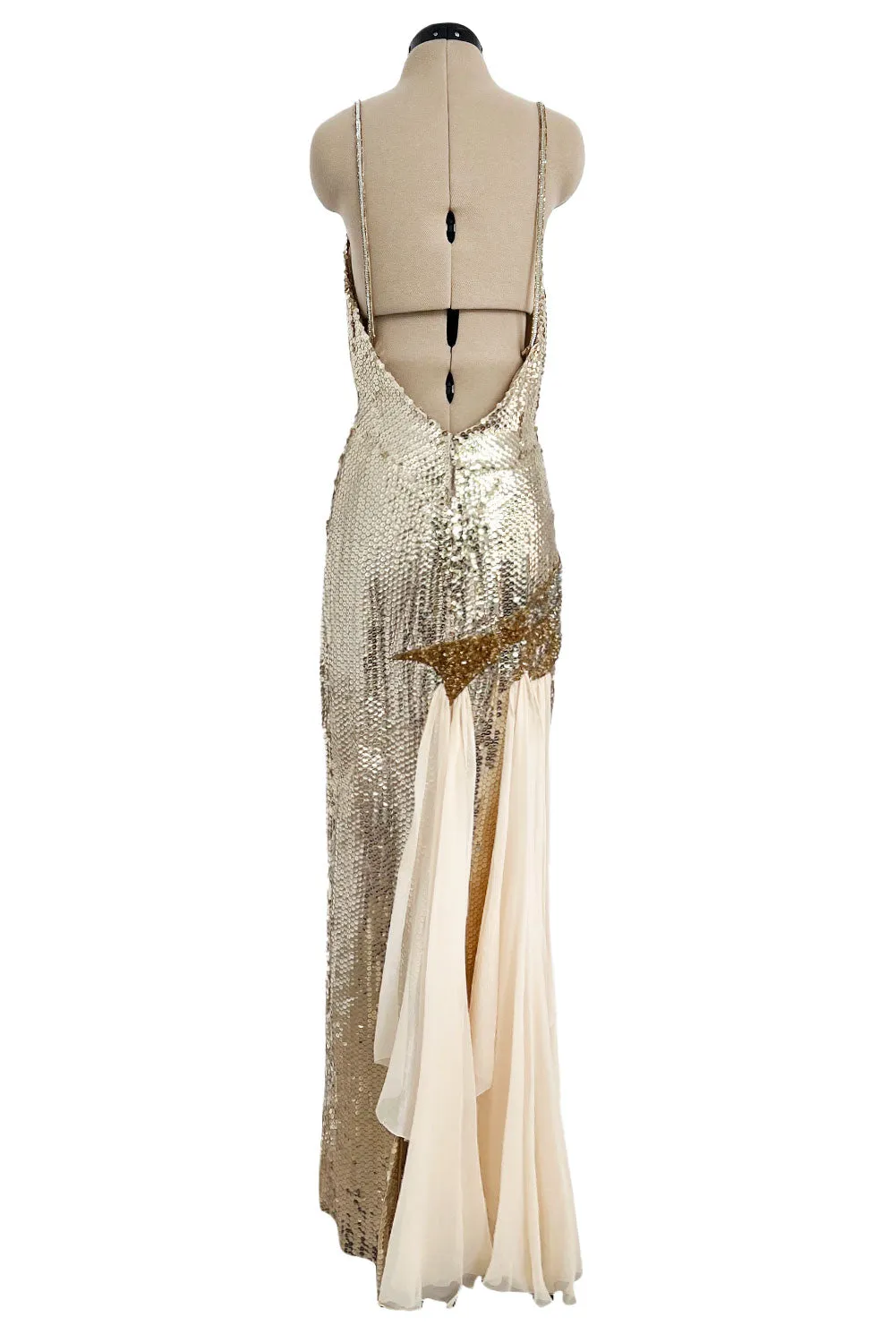 Incredible 1970s Loris Azzaro Densely Covered Gold & Silver Sequin, Bead & Silk Chiffon Dress