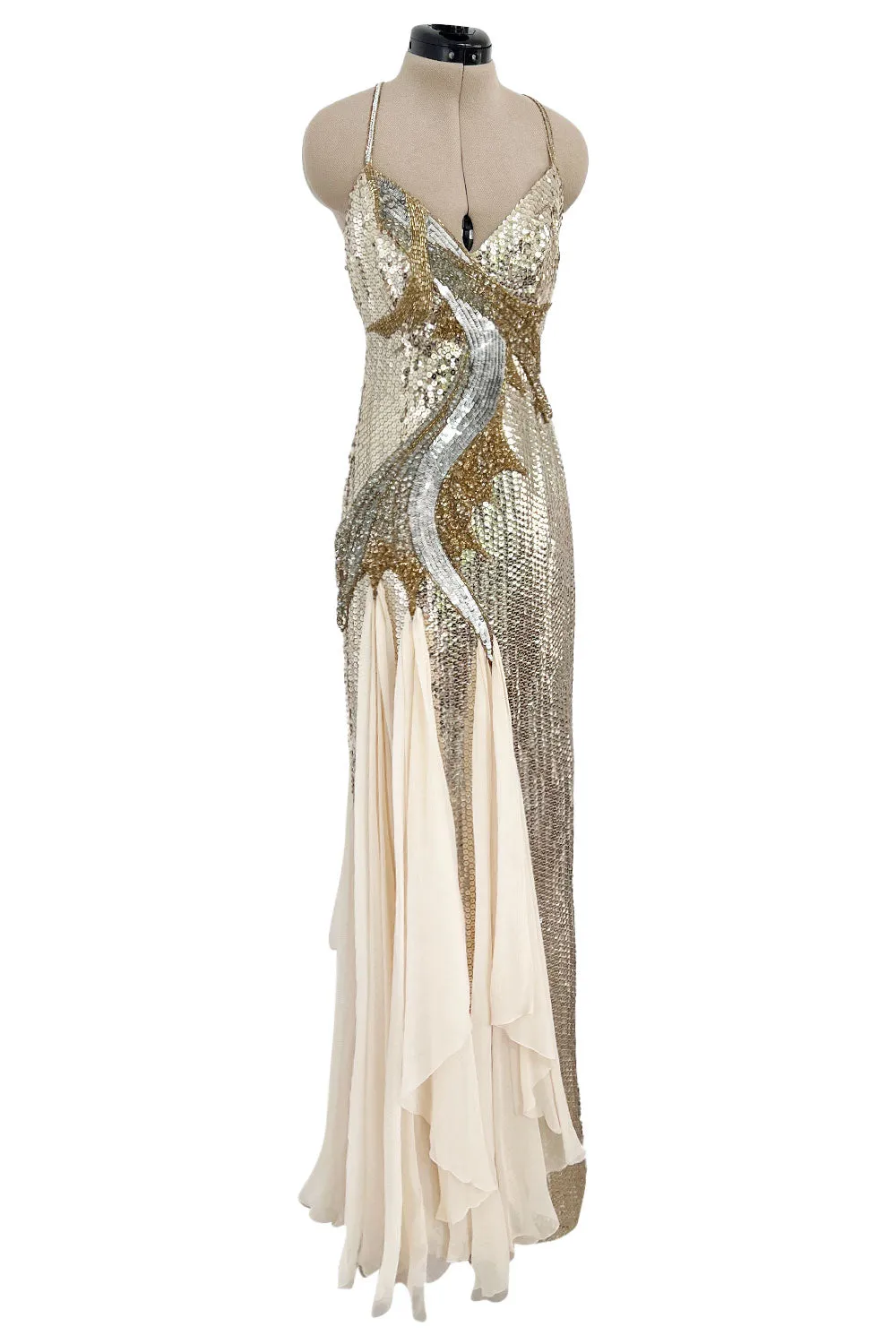Incredible 1970s Loris Azzaro Densely Covered Gold & Silver Sequin, Bead & Silk Chiffon Dress
