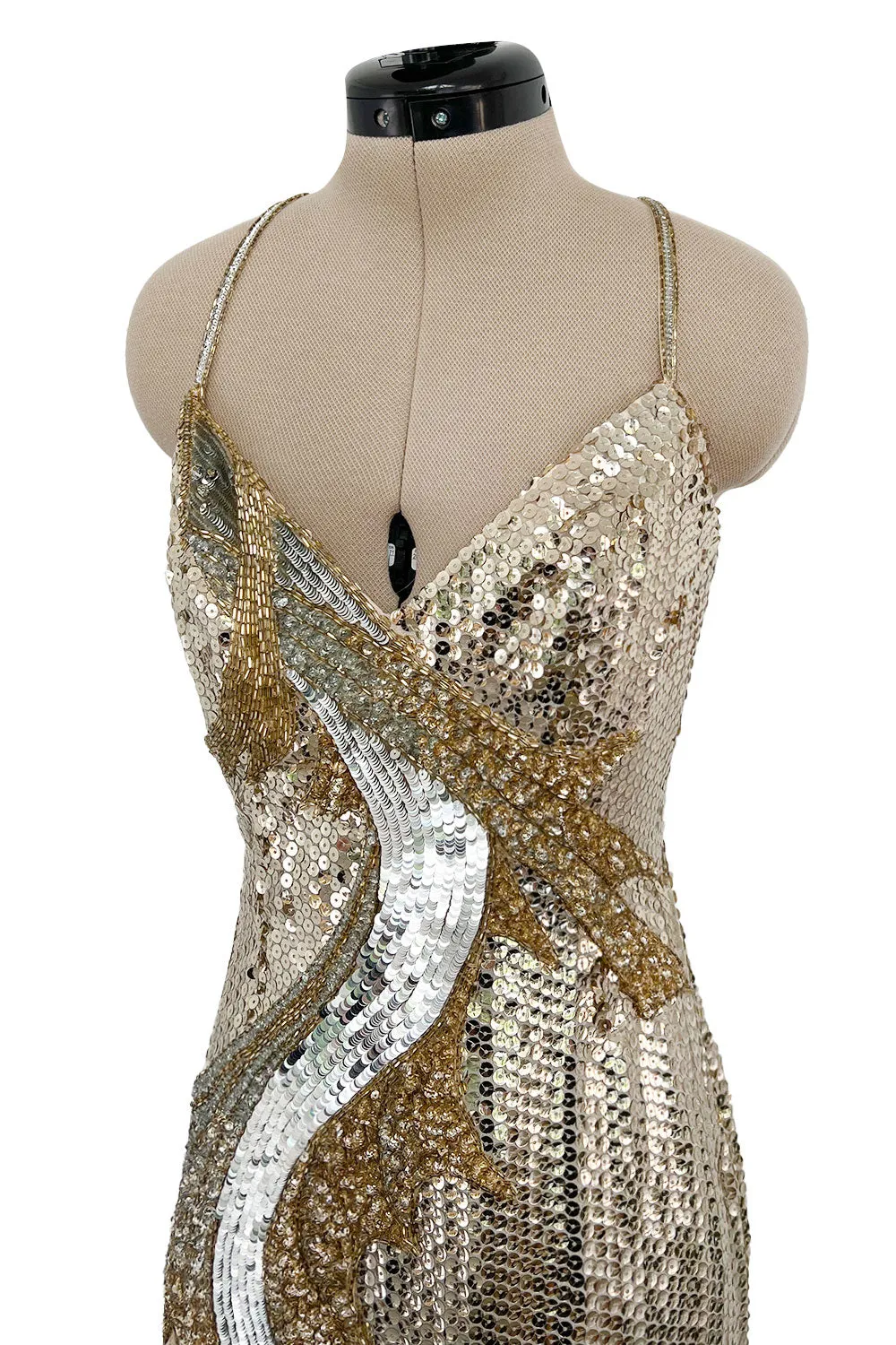 Incredible 1970s Loris Azzaro Densely Covered Gold & Silver Sequin, Bead & Silk Chiffon Dress