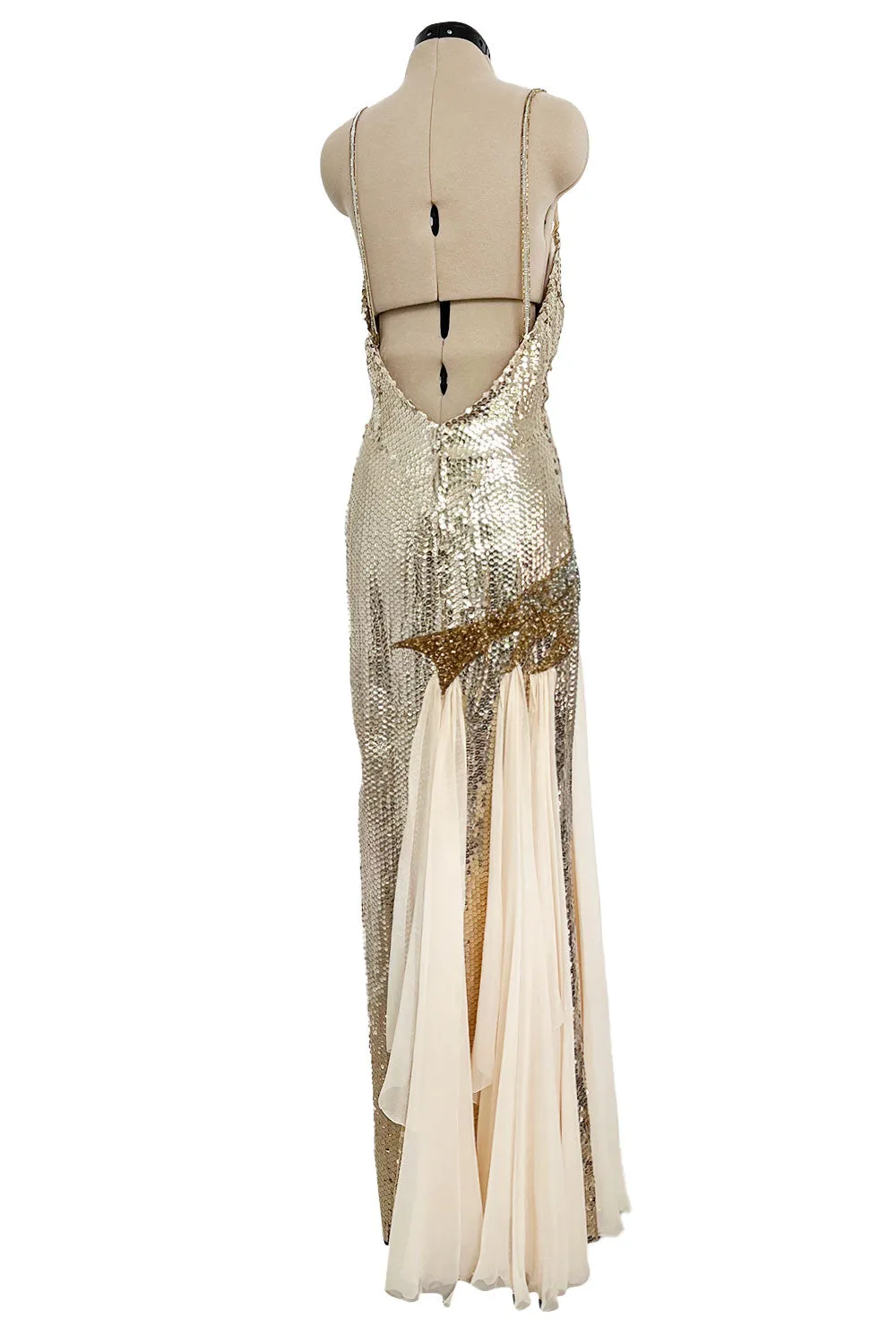 Incredible 1970s Loris Azzaro Densely Covered Gold & Silver Sequin, Bead & Silk Chiffon Dress
