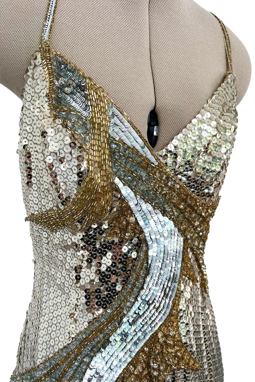 Incredible 1970s Loris Azzaro Densely Covered Gold & Silver Sequin, Bead & Silk Chiffon Dress
