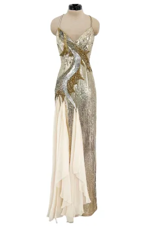 Incredible 1970s Loris Azzaro Densely Covered Gold & Silver Sequin, Bead & Silk Chiffon Dress