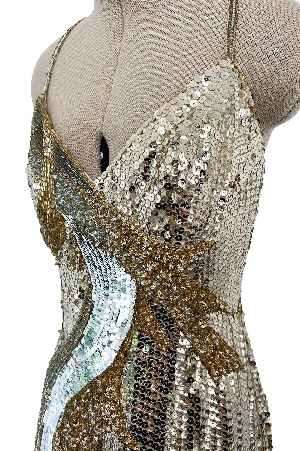 Incredible 1970s Loris Azzaro Densely Covered Gold & Silver Sequin, Bead & Silk Chiffon Dress