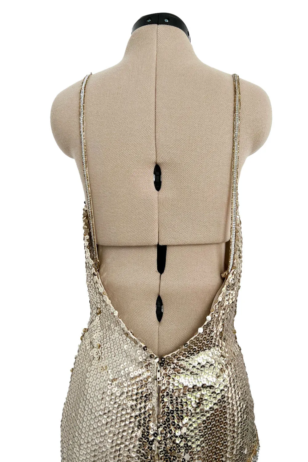 Incredible 1970s Loris Azzaro Densely Covered Gold & Silver Sequin, Bead & Silk Chiffon Dress