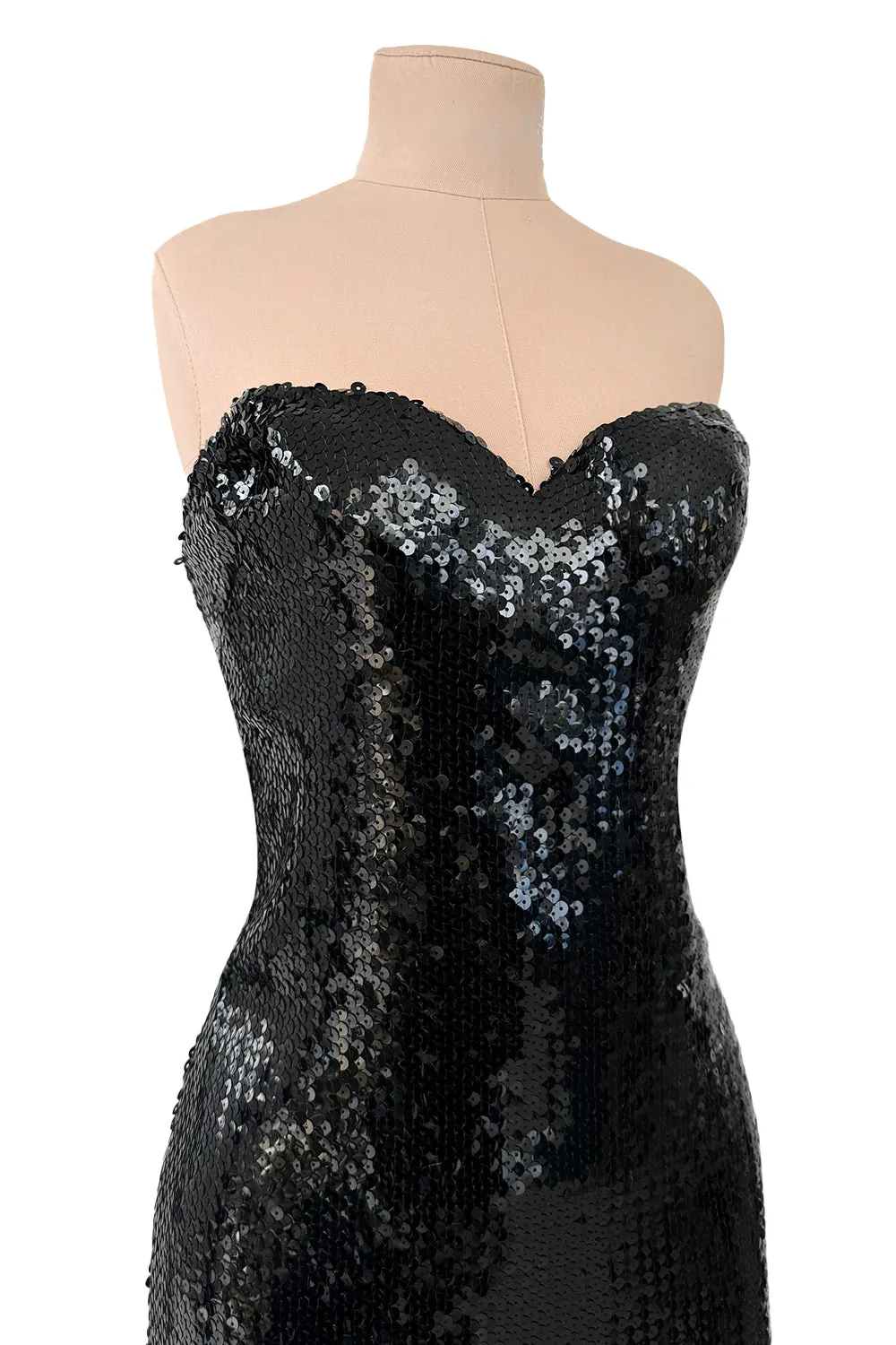 Incredible 1976-1978 Loris Azzaro Strapless Glossy Black Sequin Dress wLayered Net Tulle Skirt