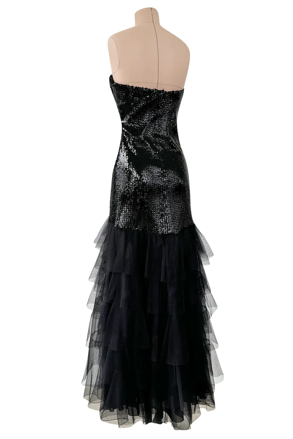 Incredible 1976-1978 Loris Azzaro Strapless Glossy Black Sequin Dress wLayered Net Tulle Skirt