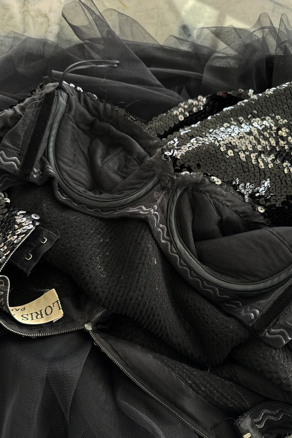 Incredible 1976-1978 Loris Azzaro Strapless Glossy Black Sequin Dress wLayered Net Tulle Skirt