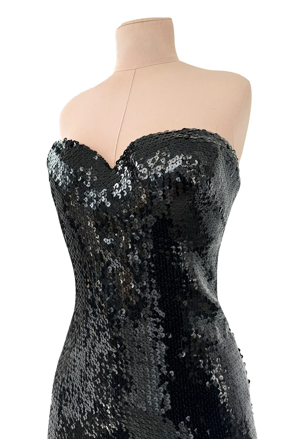 Incredible 1976-1978 Loris Azzaro Strapless Glossy Black Sequin Dress wLayered Net Tulle Skirt