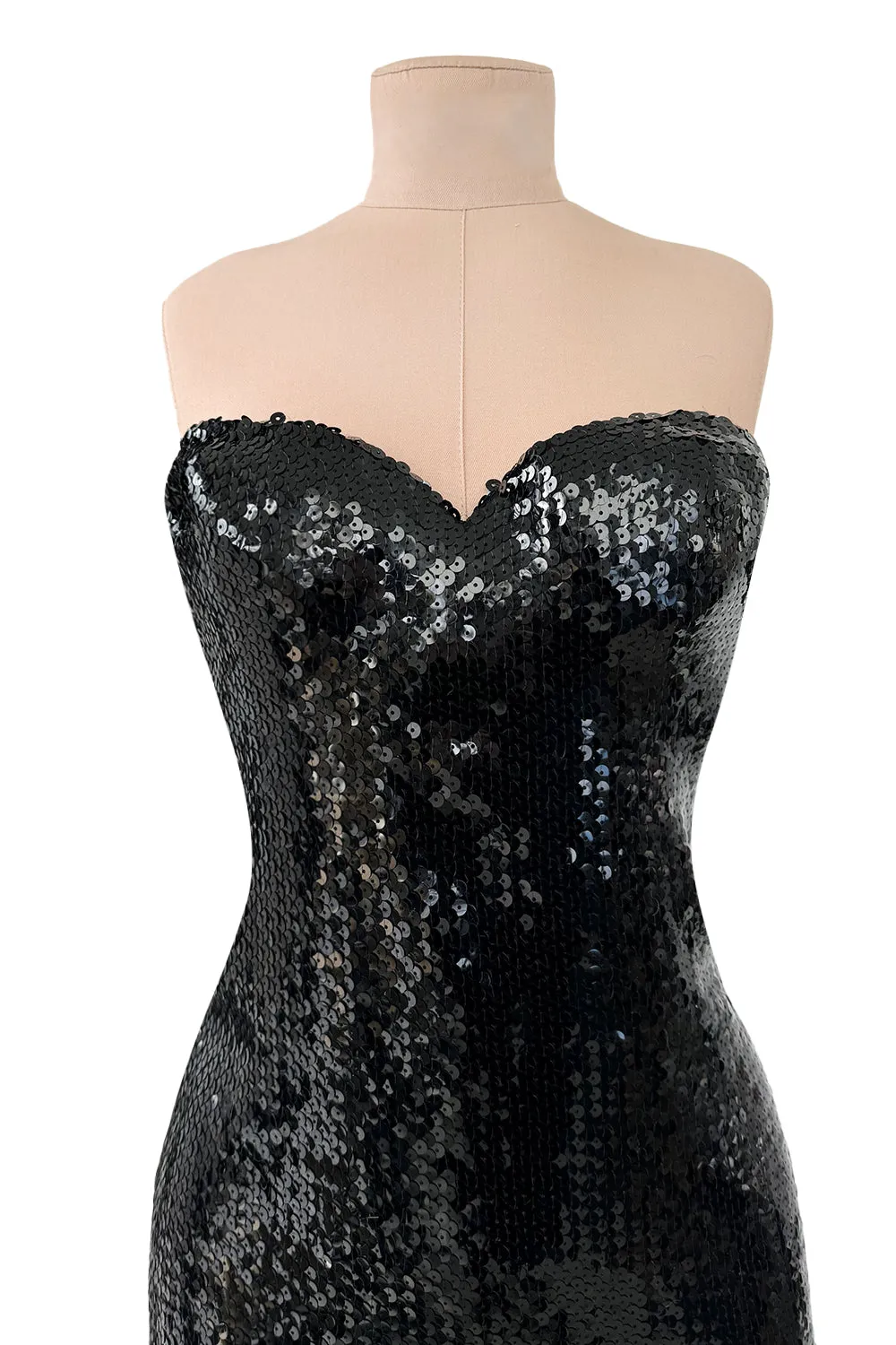Incredible 1976-1978 Loris Azzaro Strapless Glossy Black Sequin Dress wLayered Net Tulle Skirt