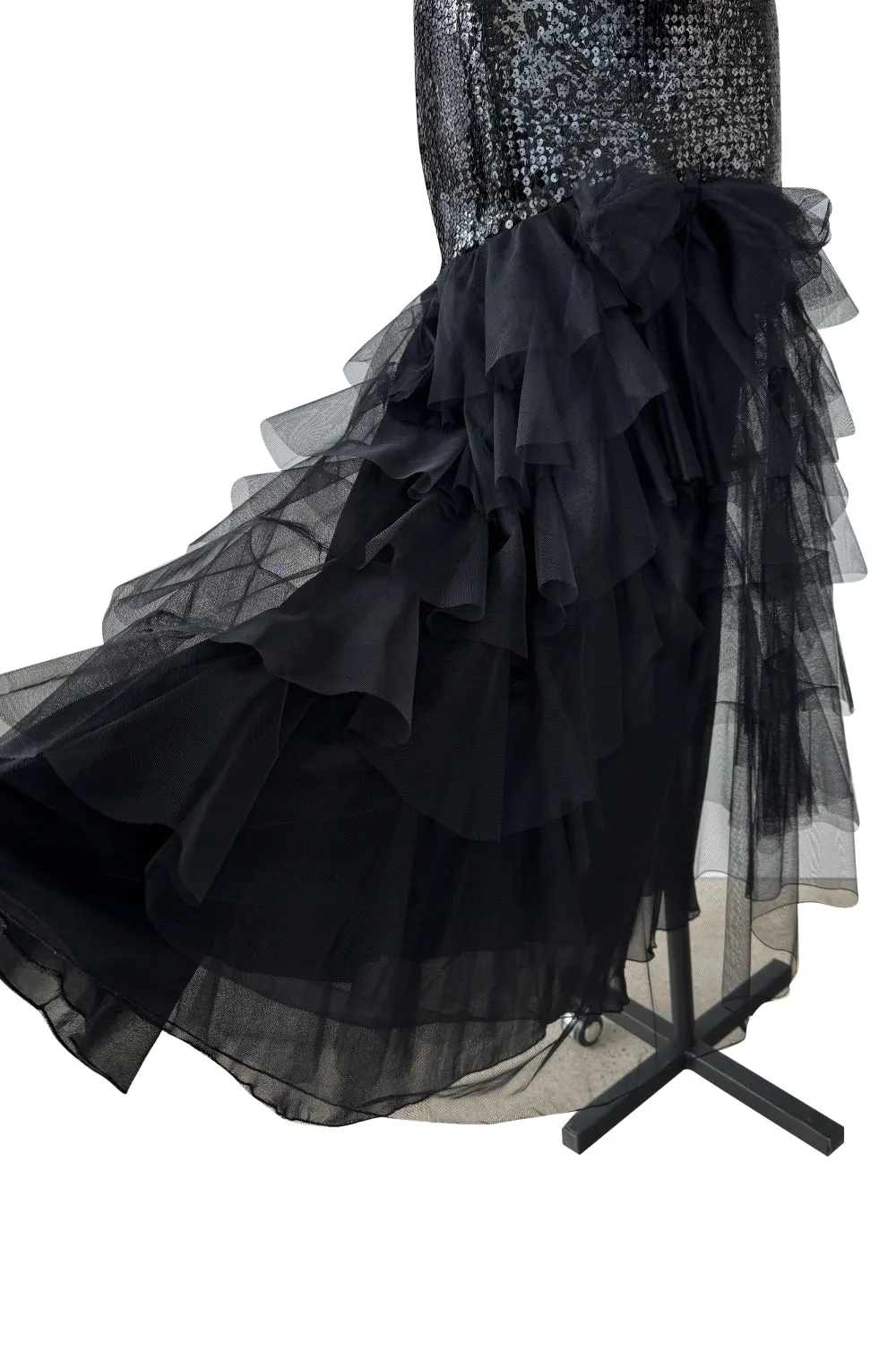 Incredible 1976-1978 Loris Azzaro Strapless Glossy Black Sequin Dress wLayered Net Tulle Skirt