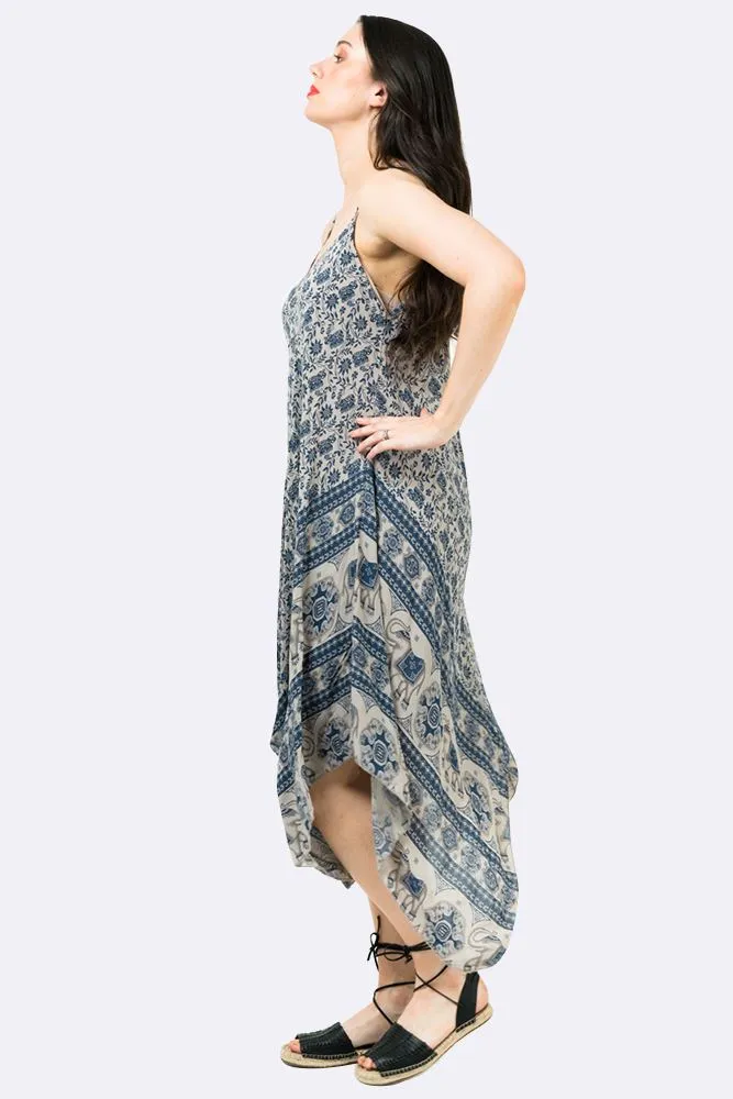 Italian Elephant Print Sleeveless V Neck Hanky Dress