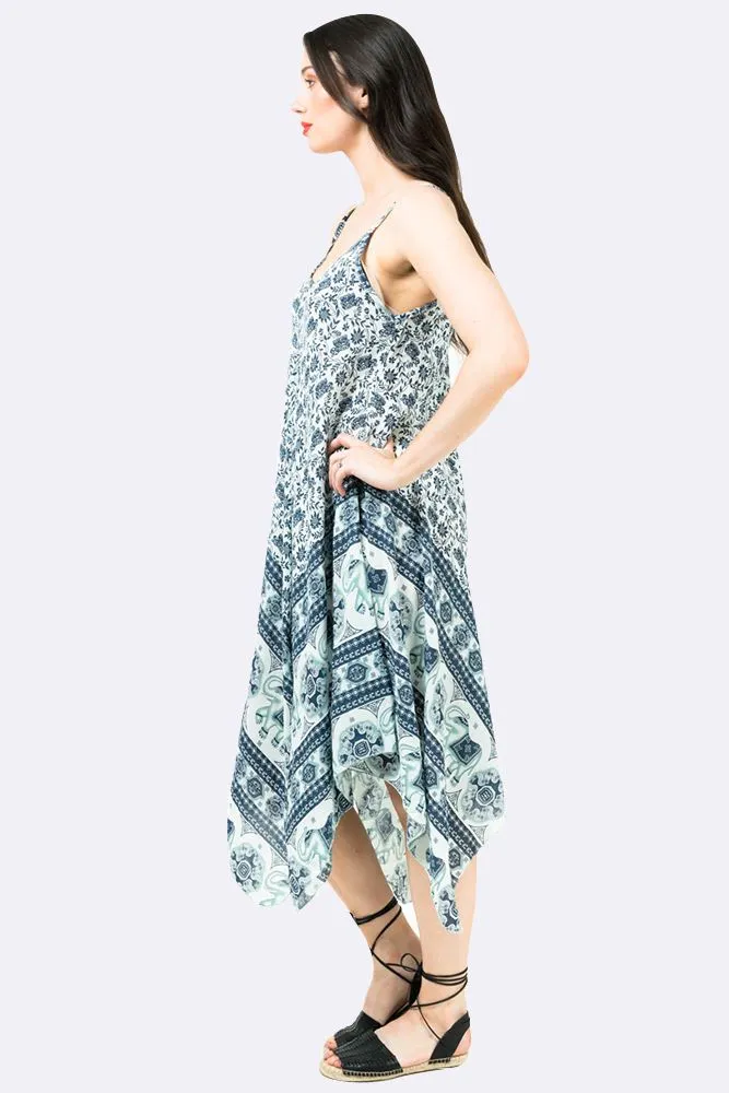 Italian Elephant Print Sleeveless V Neck Hanky Dress