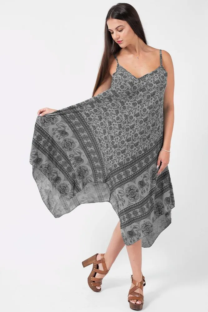 Italian Elephant Print Sleeveless V Neck Hanky Dress