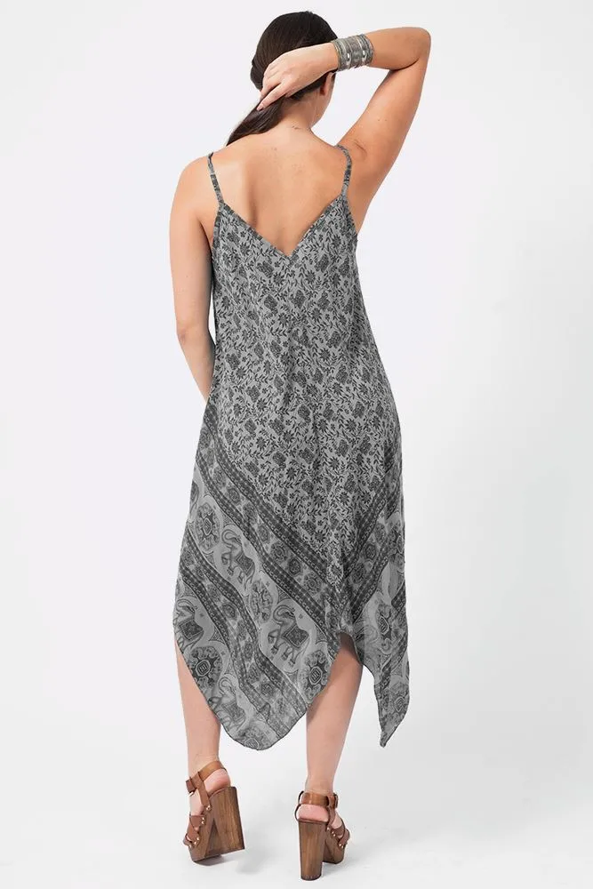 Italian Elephant Print Sleeveless V Neck Hanky Dress