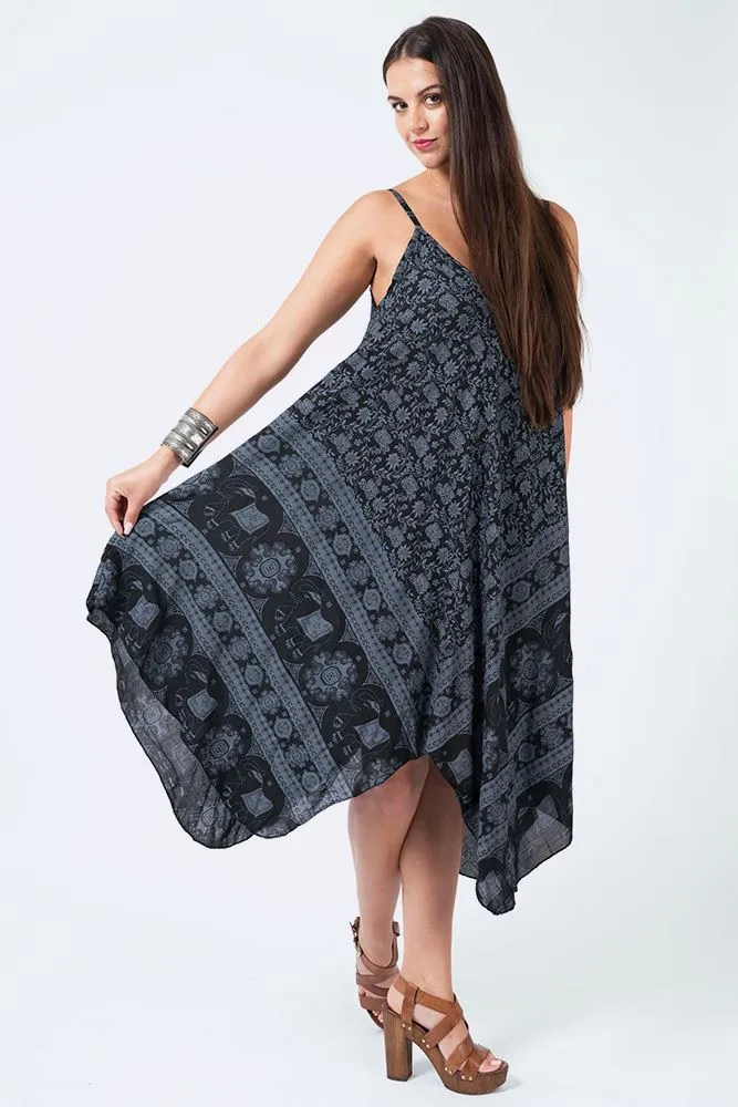 Italian Elephant Print Sleeveless V Neck Hanky Dress