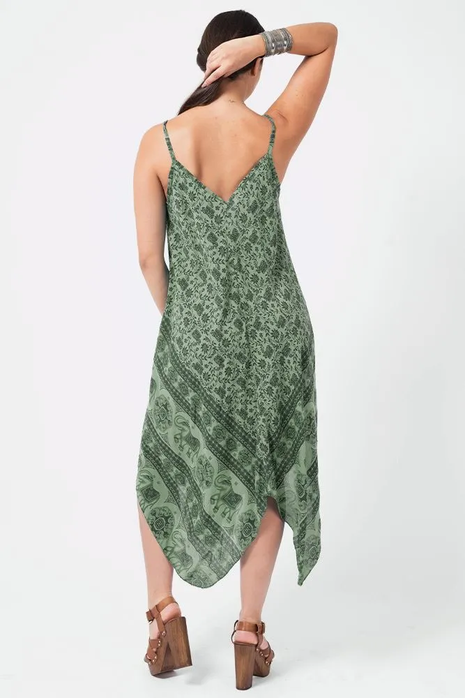 Italian Elephant Print Sleeveless V Neck Hanky Dress