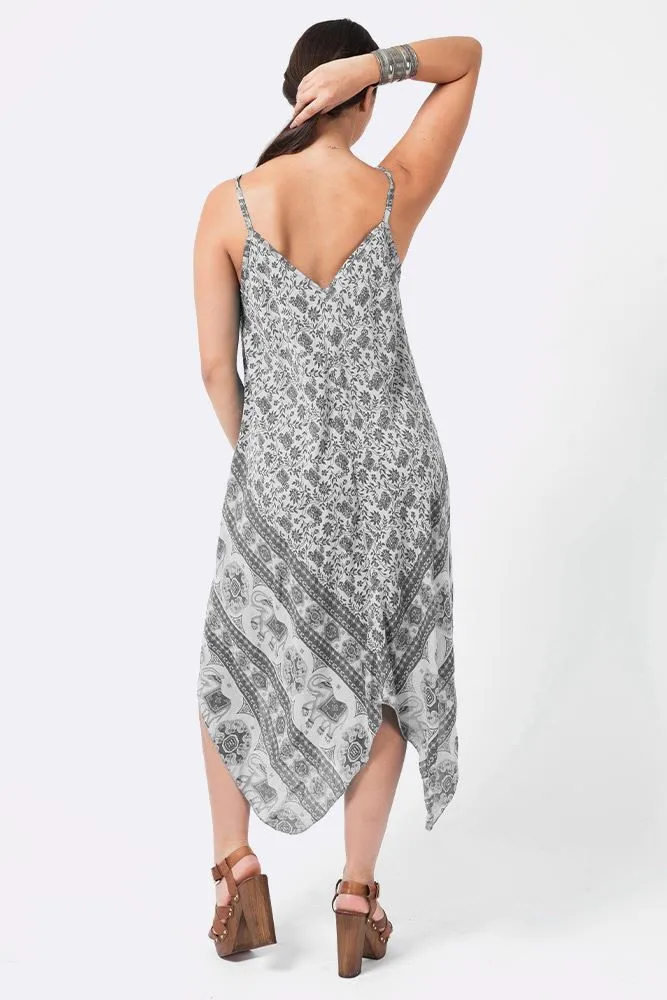 Italian Elephant Print Sleeveless V Neck Hanky Dress