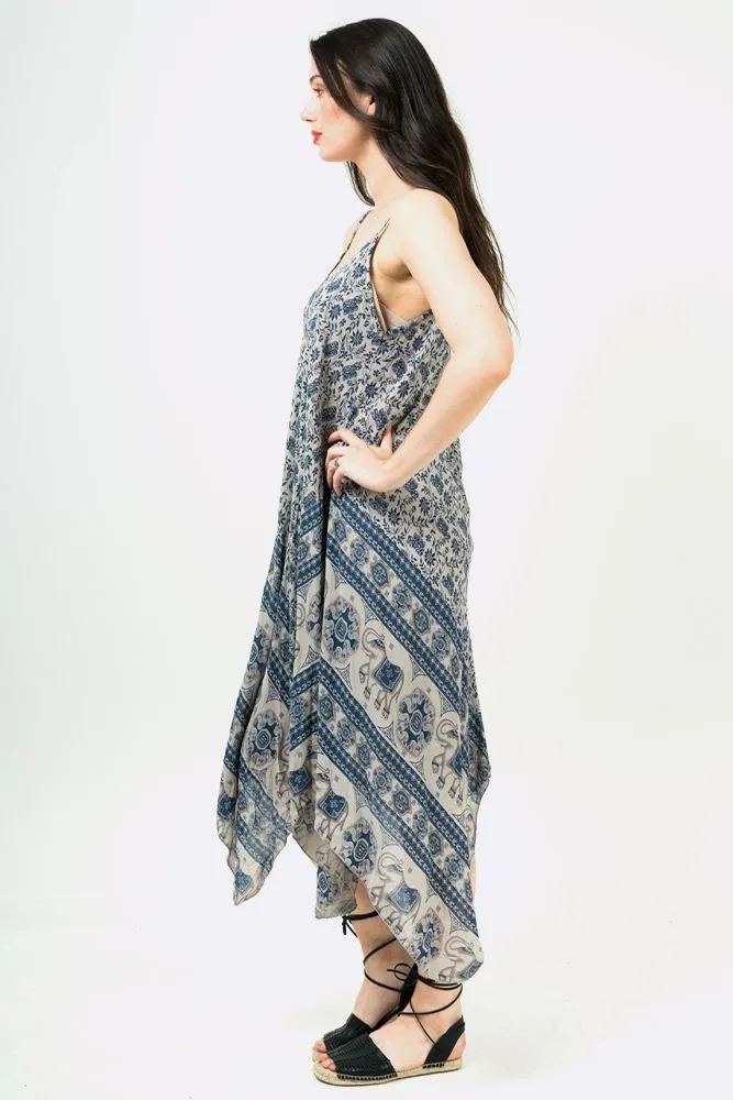 Italian Elephant Print Sleeveless V Neck Hanky Dress