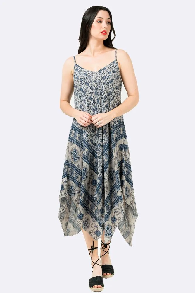 Italian Elephant Print Sleeveless V Neck Hanky Dress