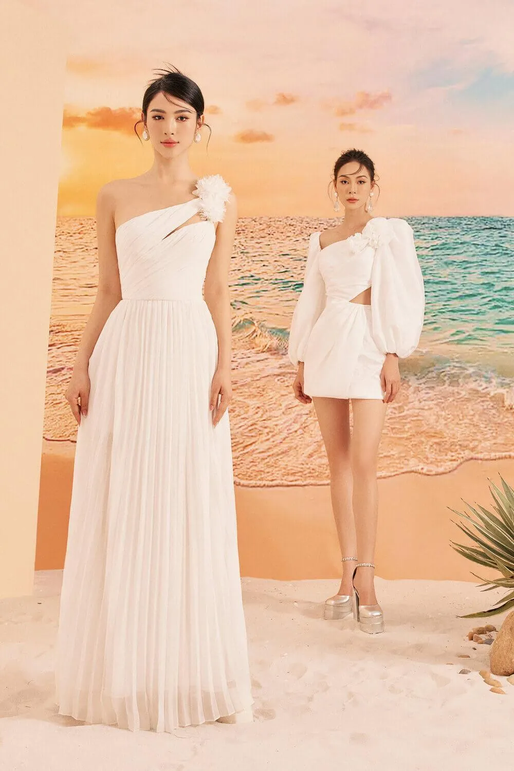 Jaylee Pleated Asymmetric Shoulder Chiffon Maxi Dress