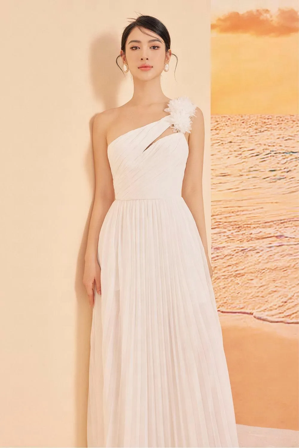 Jaylee Pleated Asymmetric Shoulder Chiffon Maxi Dress