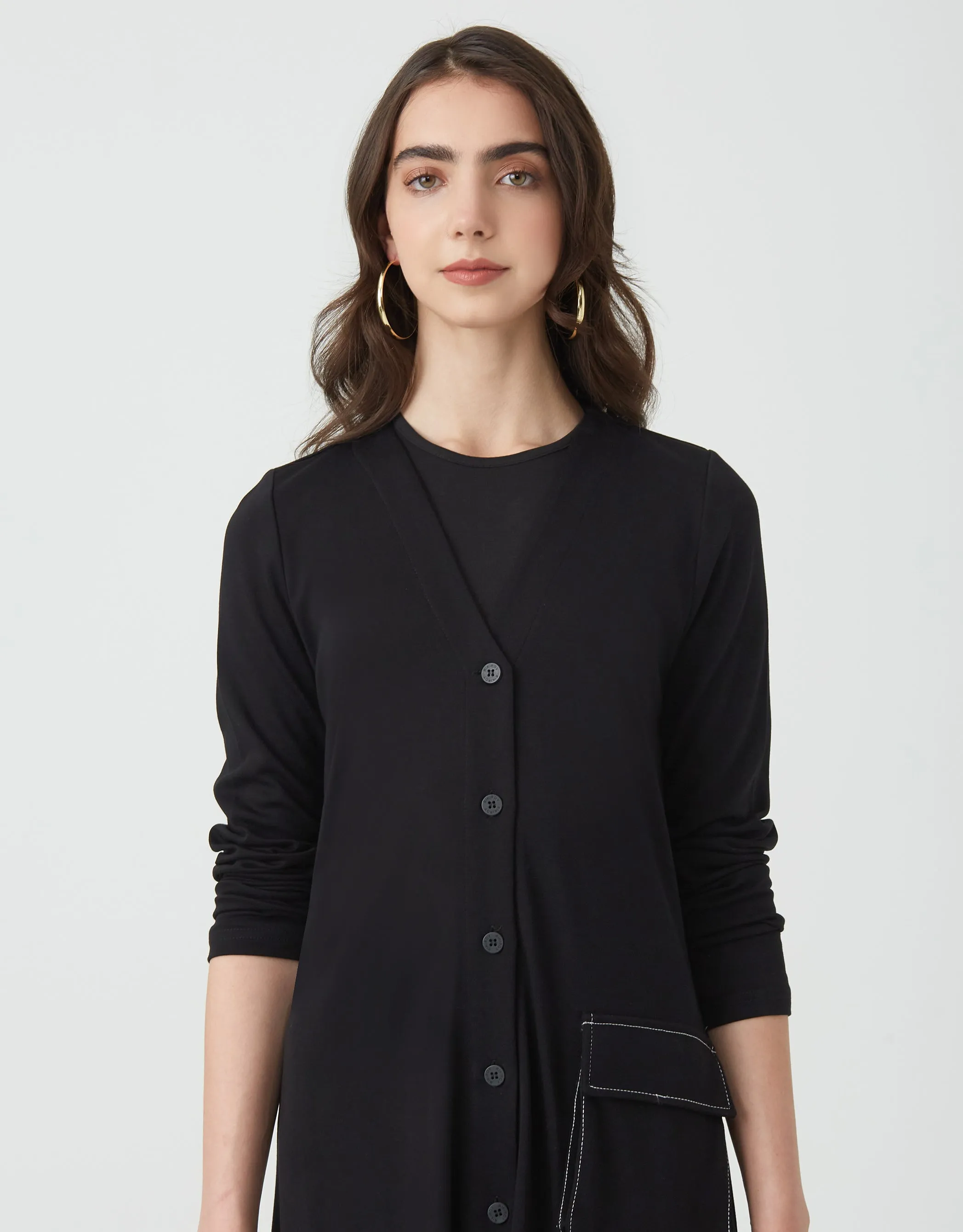 Jersey Button Down Vneck Maxi Dress Shabbos Robe with Contrast Stitched Cargo Pocket Black