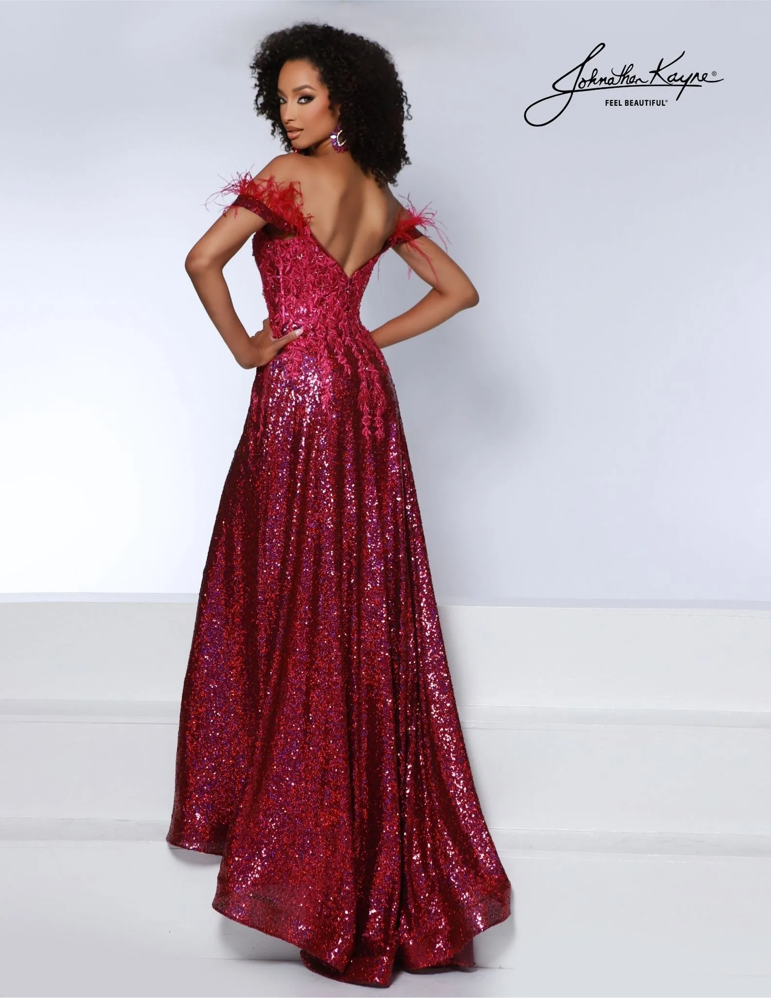 Johnathan Kayne 2887 Feather Sequin Prom Dress Maxi Slit Corset Lace Formal Gown