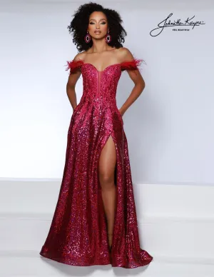 Johnathan Kayne 2887 Feather Sequin Prom Dress Maxi Slit Corset Lace Formal Gown