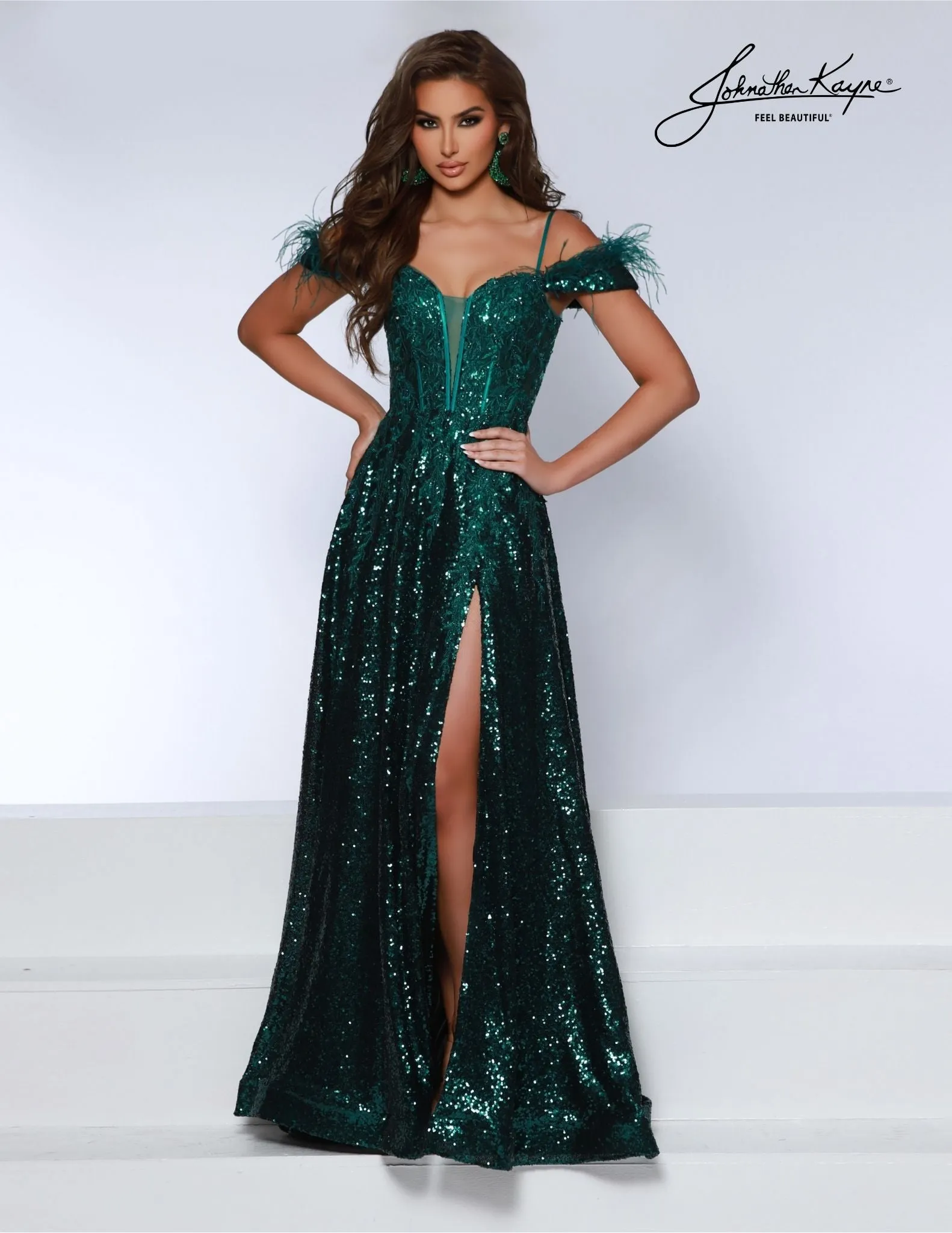 Johnathan Kayne 2887 Feather Sequin Prom Dress Maxi Slit Corset Lace Formal Gown