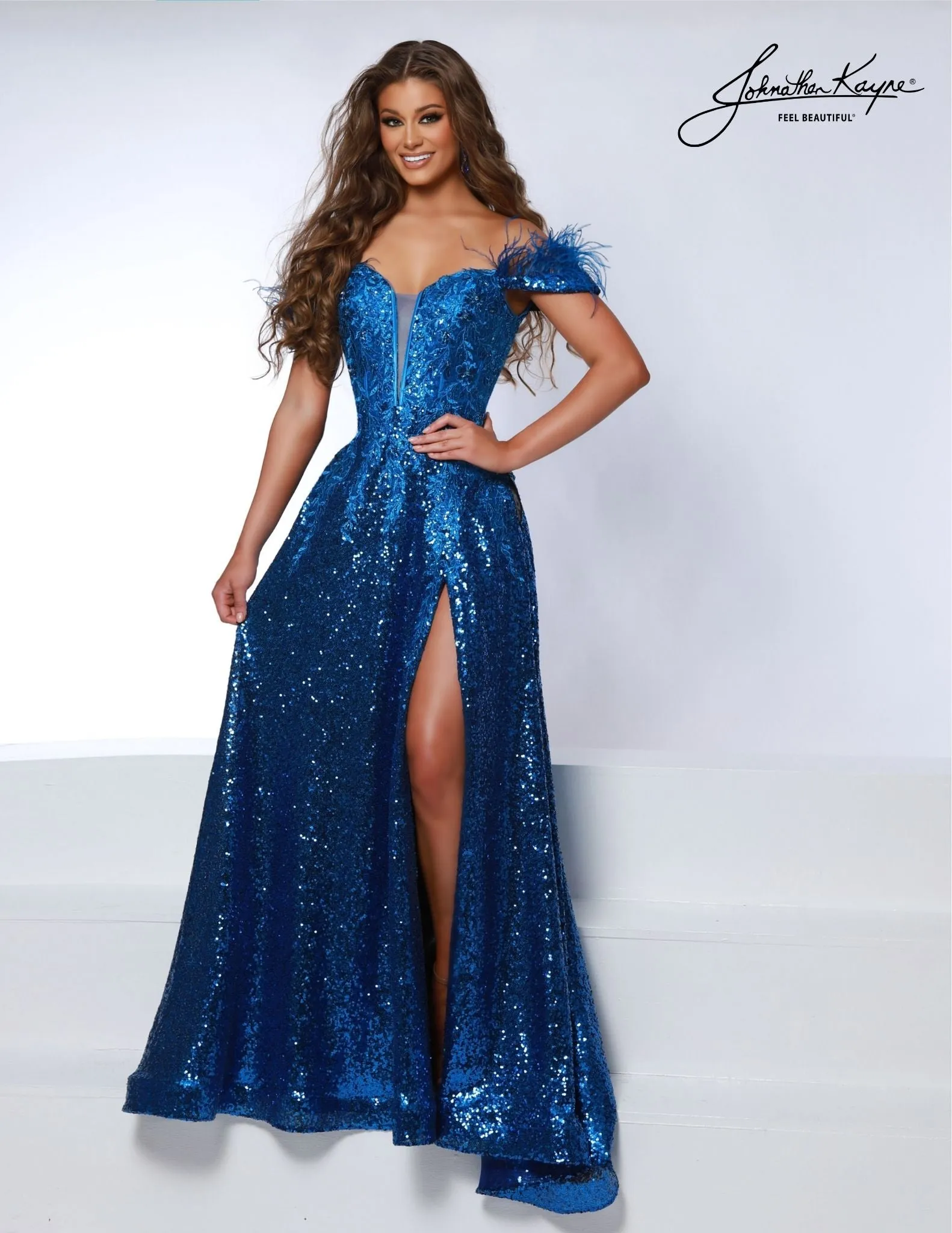 Johnathan Kayne 2887 Feather Sequin Prom Dress Maxi Slit Corset Lace Formal Gown