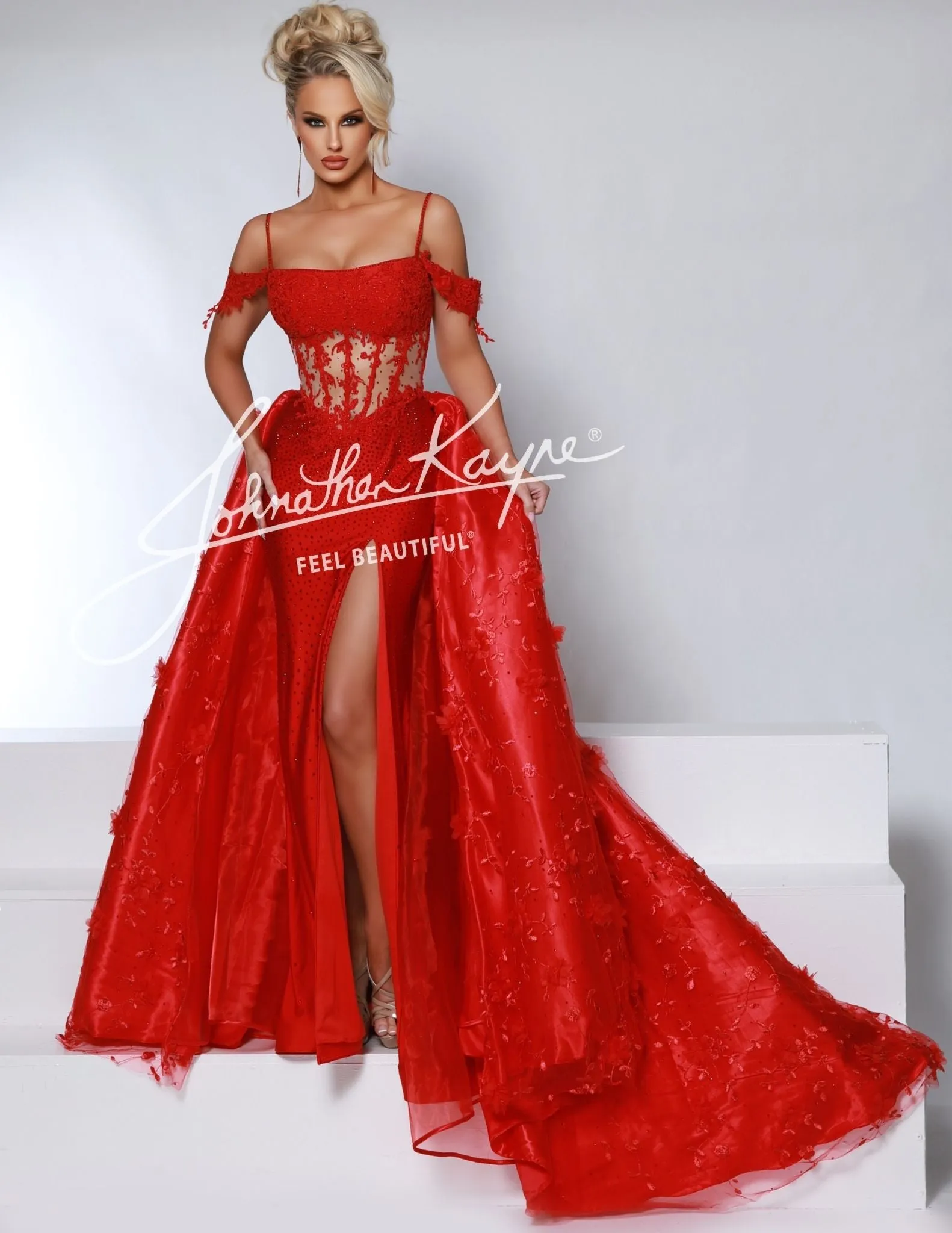 Johnathan Kayne 2965 Prom Dress Long Fitted Lace Overskirt Dress Sheer Corset Slit Pageant off the shoulder